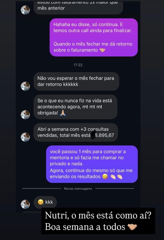 Conversa de WhatsApp com cliente comemorando o faturamento
